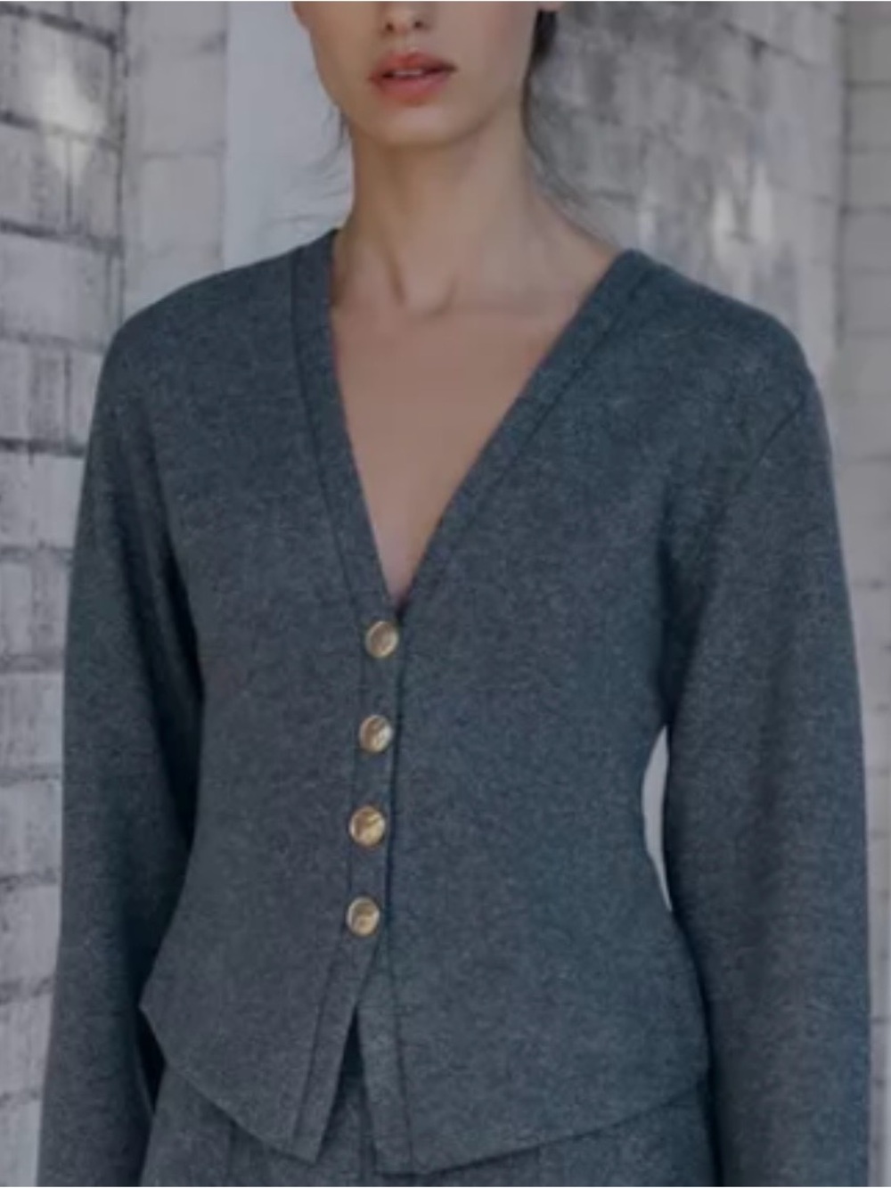 Zara Dark Gray V-Neck Buttoned Wool-Blend Cardigan